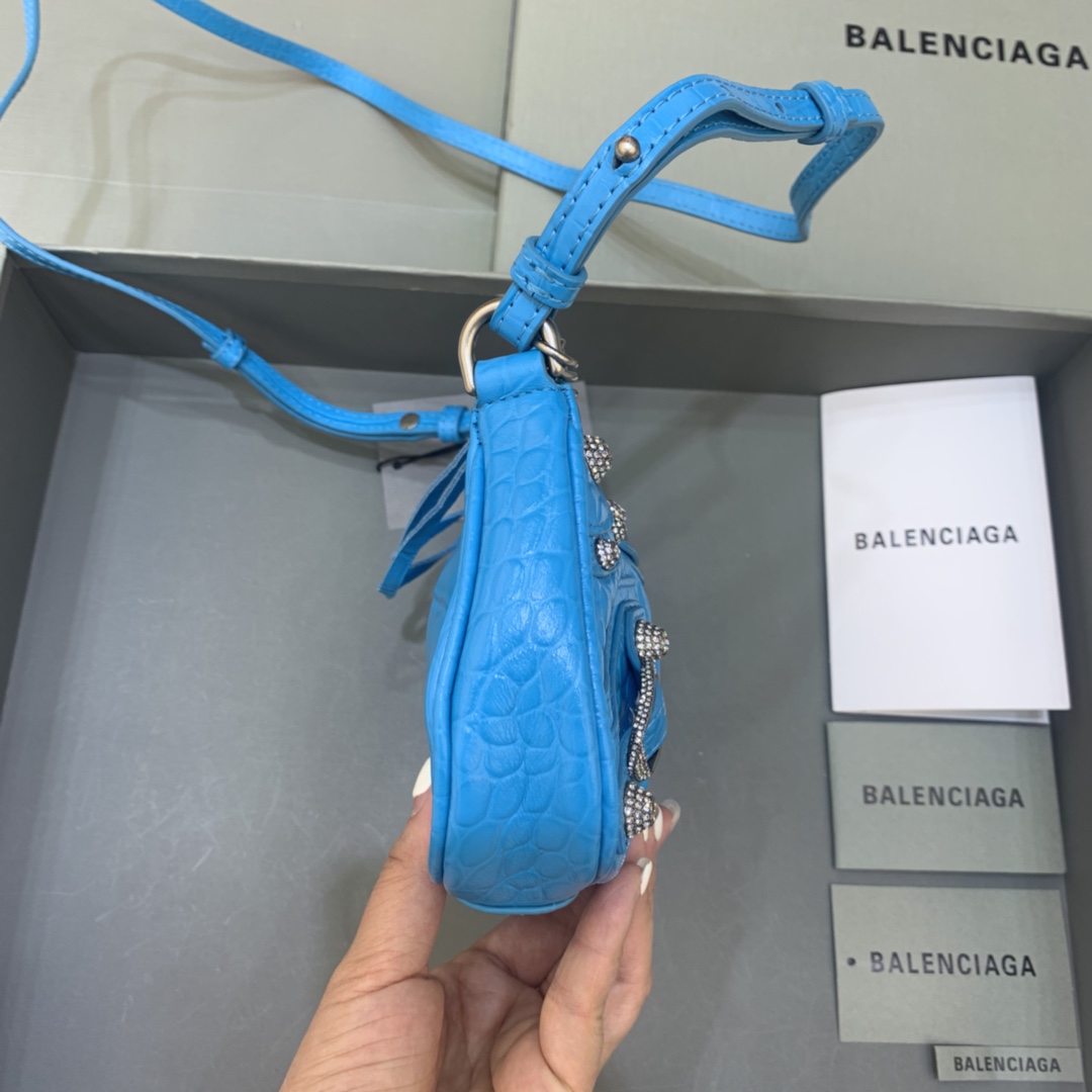 Balenciaga Le Cagole Mini Bag With Chain Crocodile Embossed Rhinestones Shoulder Bag Blue 